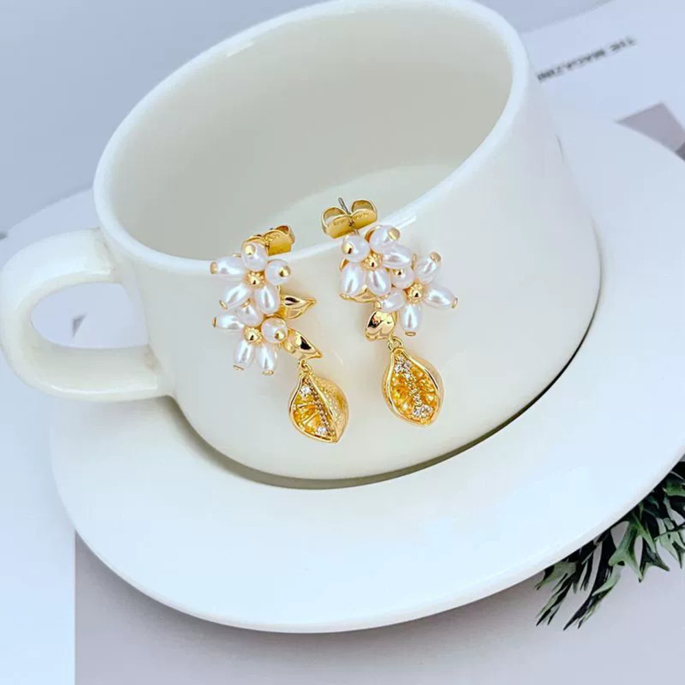 Tory Burch Zircon Lemon Leaf Pearl Flower Earrings